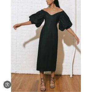 Mara Hoffman black linen off the shoulder midi dress puff sleeve
